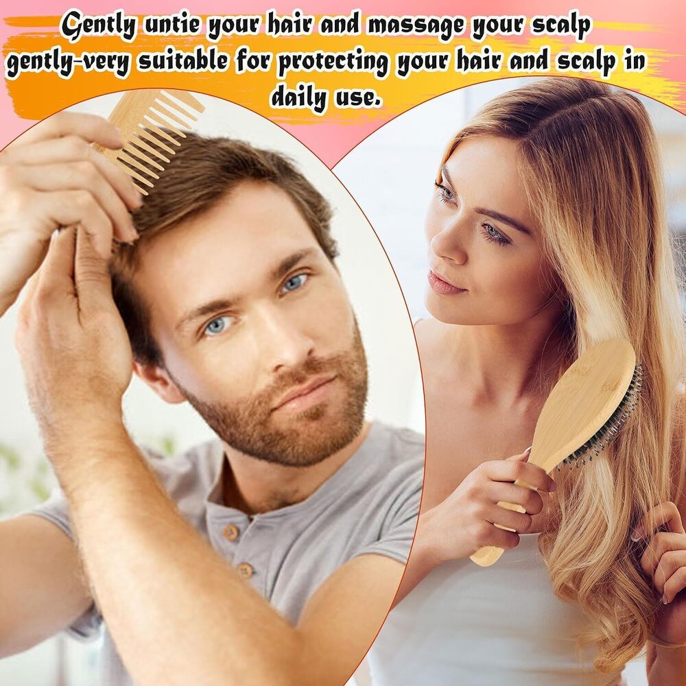 8 Pcs Bamboo Hair Brush Set Natural Wooden Brushs and Comb Kit with Paddle - Picture 4 of 7